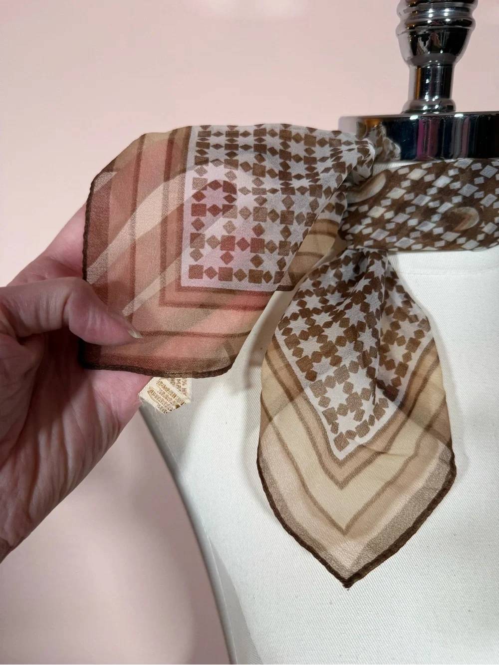 Vintage camel brown semi sheer star rattan art deco neckerchief square scarf
